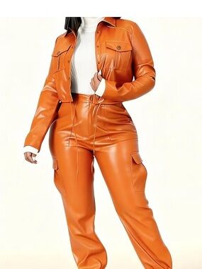 Women's Faux Leather Cargo Pants & Jacket Set - Orange